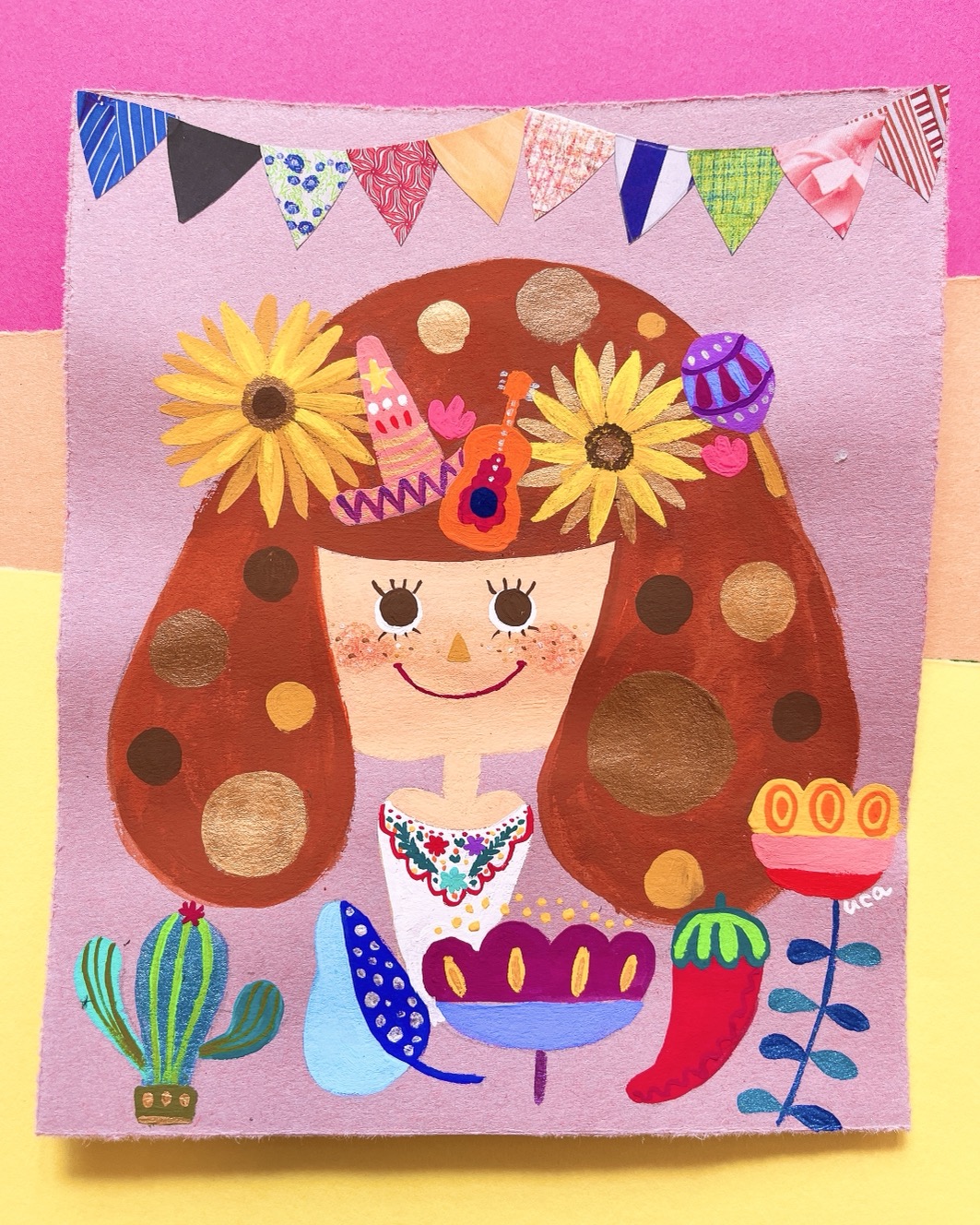 水玉模様の髪の毛をしたメキシコの女の子とコラージュ。メキシコのビビットな明るい色使いとポップな雰囲気が好きで、そこからインスパイアされて描いた作品