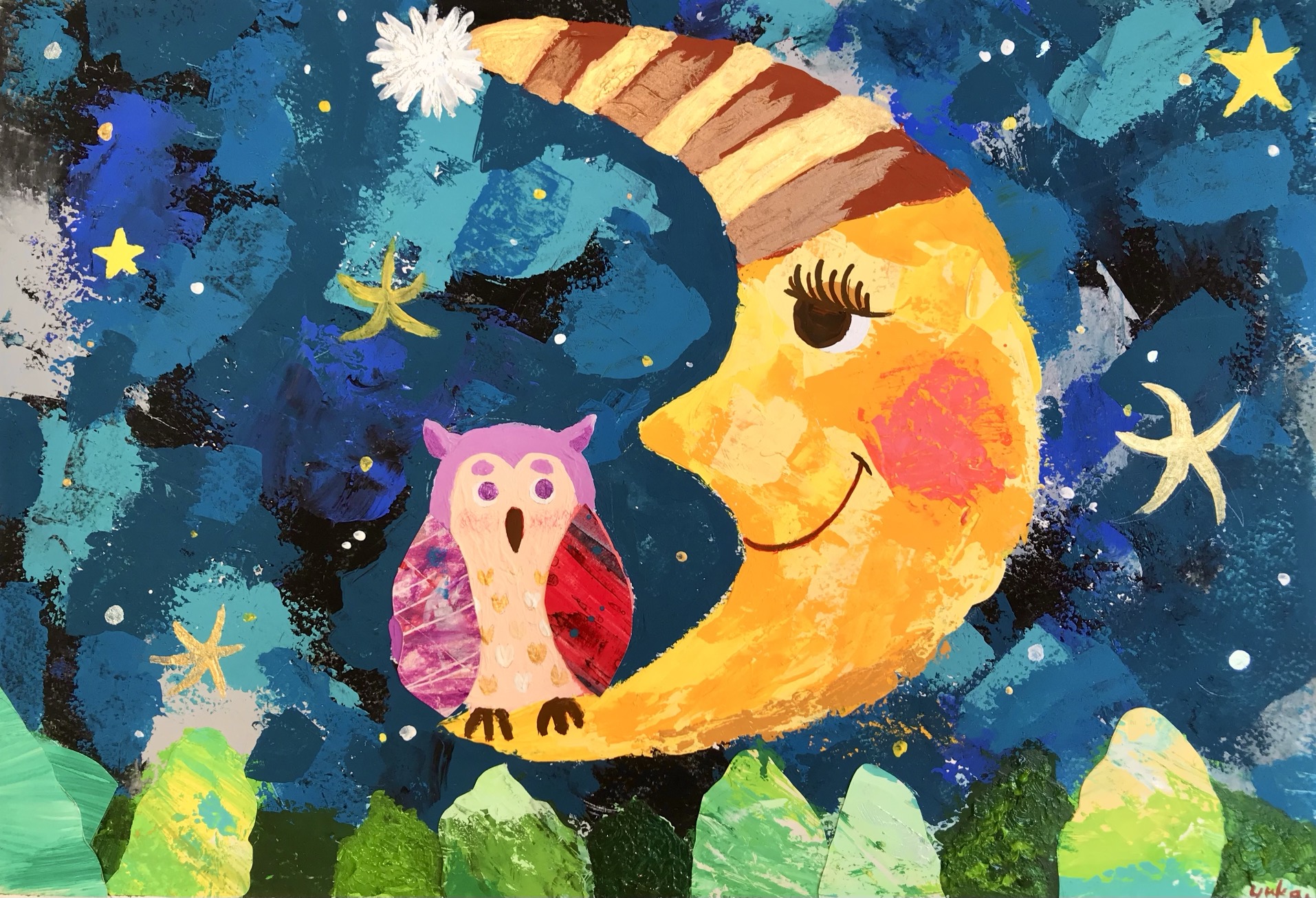 夜型人間のことをnight owl と言うそうだが、私は完全なnight owl であることから、思いついて真夜中に描いた作品