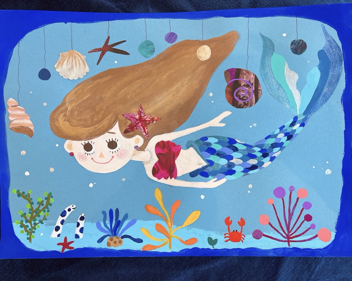 イギリスのブライトンの浜辺でインスパイアを受けて描いた作品。ブライトンの海がコバルトターコイズのグラデーションカラーになっており、本当に美しく、きっと海の中に潜ったらこんな世界かもしれないと想像して描いたもの