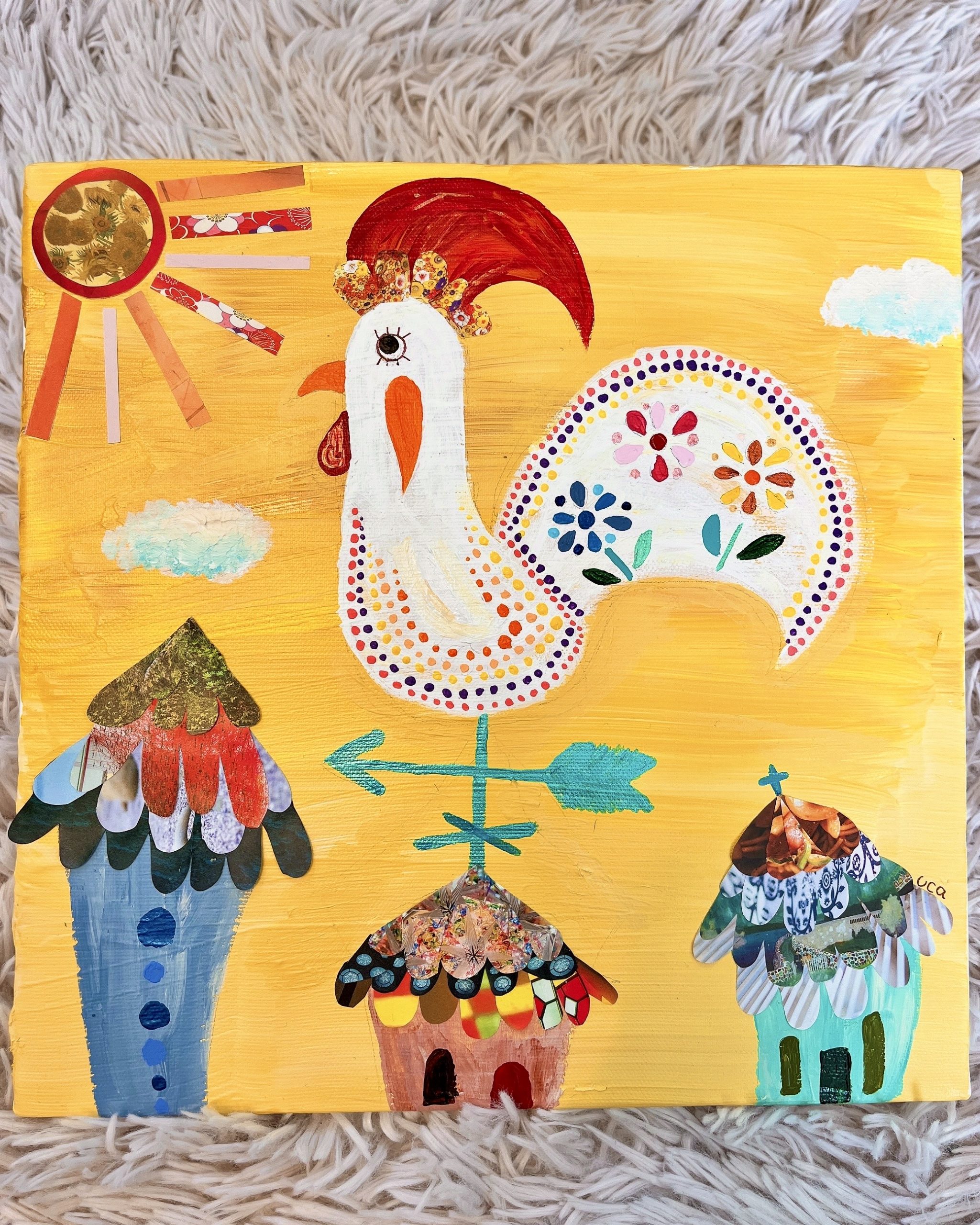風見鶏と太陽からインスピレーションを受けて描いた作品